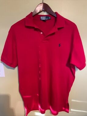 Ralph Lauren Red Polo Shirt with Navy Logo mens size medium good condition